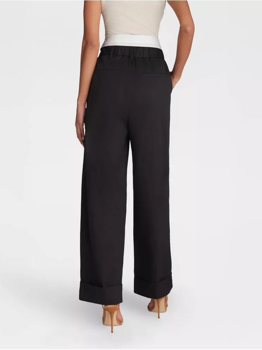 High-Rise Wide-Leg Black Pants with White Wrap Waistband b134s - Picture 2 of 4